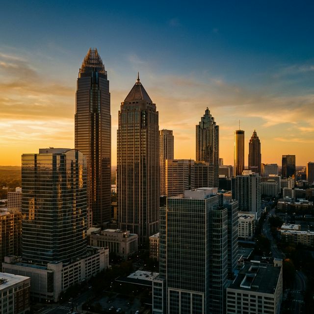 Atlanta skyline at golden hour from a rooftop perspective, with the Bank of America Plaza and midtown skyscrapers against a warm amber sky, representing the city's growth and digital transformation.