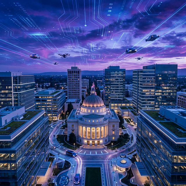 Downtown San Jose at twilight with futuristic violet skies and modern tech campus buildings, representing Silicon Valley's AI-driven future and generative search innovation.