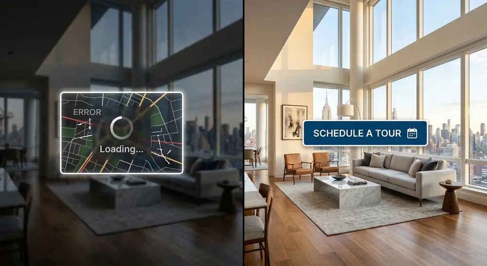 Luxury real estate website with slow loading times compared to a modern high-performance site